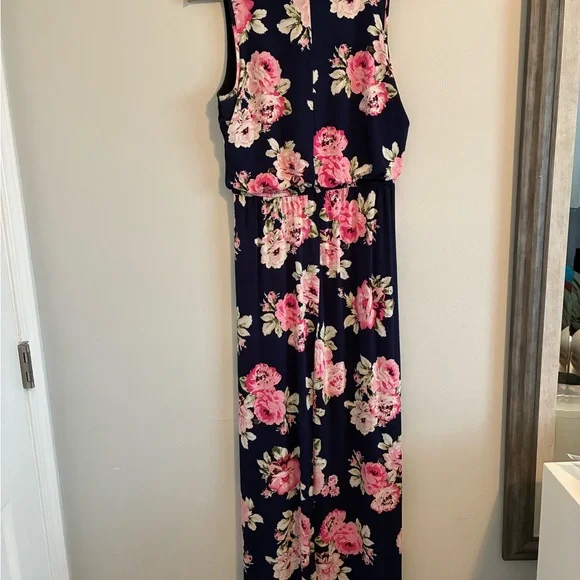 Three Hearts Navy Maxi Dress with Pink Floral Print - Picture 2 of 2
